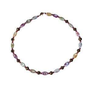 Pebble Chain Necklace Gold Tone Rose Accents Pink Stones Women Handcrafted  u Je